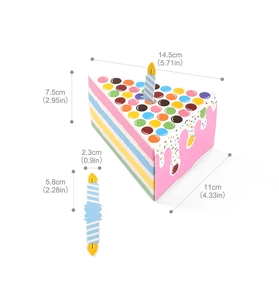 Detailed dimensions of rainbow cake slice party box with candle topper dimensions shown