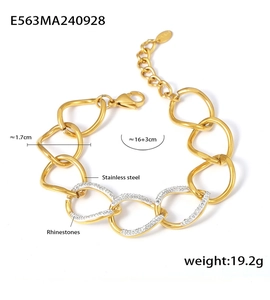 Detail showing 1.7cm width and 16+3cm length of gold stainless steel rhinestone bracelet