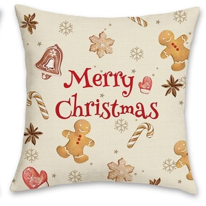 Linen Christmas pillowcase with gingerbread man and Merry Christmas text on white