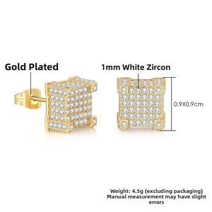 Detailed close-up of 18k gold plated hip hop stud earrings with micro pave white zircon