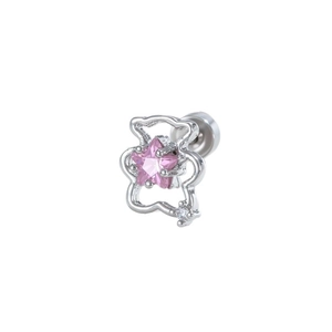 Silver teddy bear cartilage stud earring with pink star zircon and screw back closure