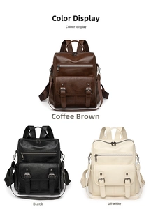 Three leather backpacks in coffee brown, black and off-white with tassel detail