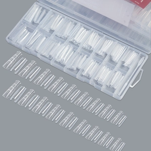Nail extension dual forms with grid scales in a 12-slot clear storage box