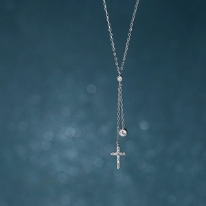 Elegant S925 sterling silver Y-shaped necklace with sparkling cross and tassel pendant
