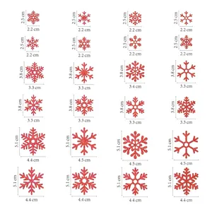 Size guide for 24 red glitter snowflake stickers in 2.5cm, 3.8cm, and 5.1cm heights