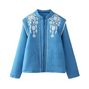 Damen Vintage Ethnisch Bestickte Wattierte Jacke Stehkragen Langarm Denim Blau Retro Leichte Baumwolljacke