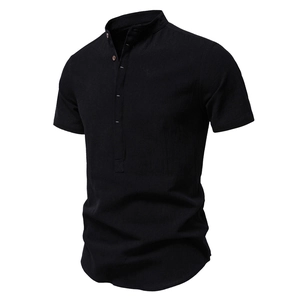 Close-up of black cotton linen shirt featuring stand collar and wooden buttons detail