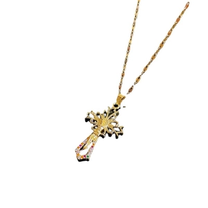 Titanium steel cross necklace with colorful micro-inlaid stones on white background
