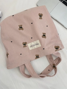 Pink corduroy tote bag with cute bear print and hearts for daily casual use