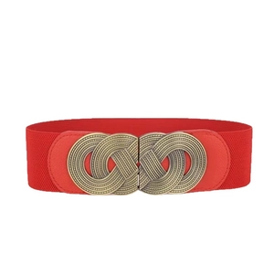 Red wide elastic waist belt for women featuring a vintage bronze woven metal buckle