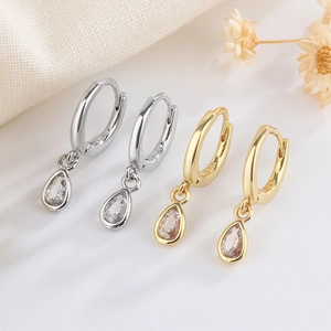 Copper Huggie Hoop Earrings With Teardrop Zircon Pendant Elegant Dainty Jewelry For Women
