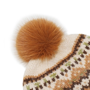 Close-up of the vintage knitted beanie top with a large fluffy yellow pom-pom detail