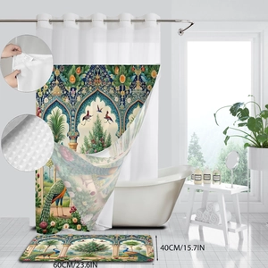 Detail of waterproof peacock garden shower curtain fabric texture and 60x40cm bath mat set