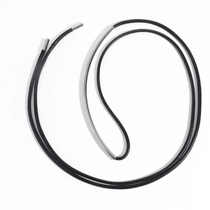 Detail of black cord belt with silver curved metal tube and sleek wax rope knotted finish