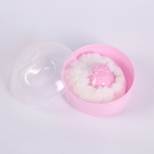 Boîte à houpette rose pour bébé avec houpette blanche en velours et couvercle clair