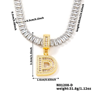 Detailed size specifications for gold and silver letter D iced out pendant necklace