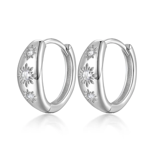 Polished S925 sterling silver huggie hoop earrings with engraved zircon starburst patterns