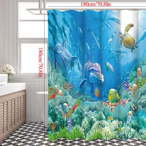 Detail of underwater ocean world shower curtain featuring dolphins and sea turtles