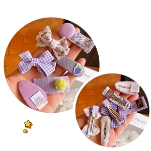 Purple Korean style floral bow hair clips and headband set for girls with handmade details