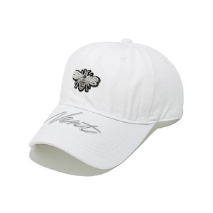 Detail of white cotton baseball cap with bee embroidery and Kent lettering on the brim