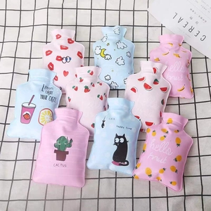 Set of mini PVC hot water bottles with cute fruit and animal patterns in pink and blue