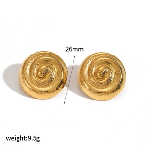 Minimalist gold swirl pattern round stud earrings in stainless steel, 26mm diameter