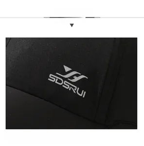 Close-up of breathable black baseball cap with silver SDSRUI logo and twill texture