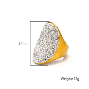 Golden stainless steel oval ring with pave set cubic zirconia crystals, 34mm height