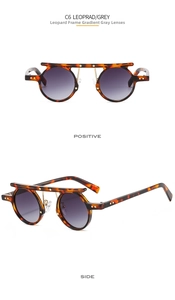 Front and side view of leopard print round steampunk sunglasses with grey gradient lenses