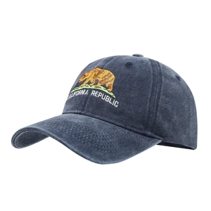 Washed navy blue baseball cap with California Republic bear embroidery in a classic retro style