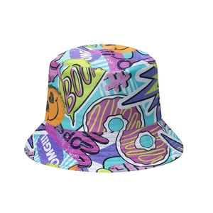 Women's graffiti bucket hat with colorful pop art prints and street style sun protection