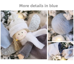 Detail of blue plush Christmas angel with silver wings and white knit hat ornament
