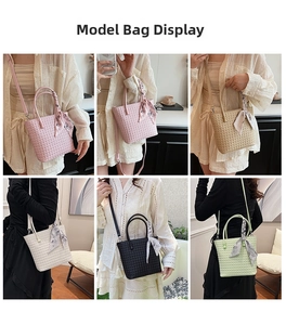 Collage of woven tote bags in multiple colors with patterned silk scarf handle detail