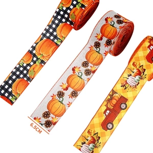 6.5cm Halloween faux linen ribbons featuring pumpkins and trucks for party decor