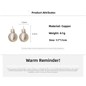 Detailed specs of 1.1cm matte silver ball earrings with weight 6.1g and copper material