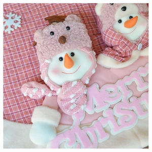 Pink plush Christmas tree skirt detail featuring plush snowmen and Merry Christmas text