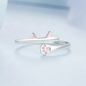 Cute S925 sterling silver open cat ring with pink enamel paw prints and adjustable band