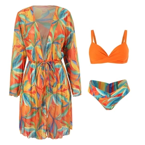 Three-piece bikini set with orange top and tropical print mesh cardigan cover-up