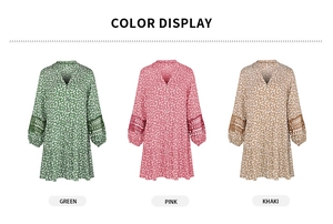 Detailed color display of V-neck lace patchwork dresses in green, pink, and khaki options