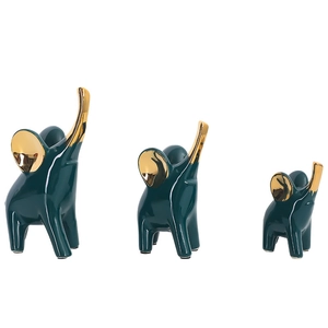 Juego de 3 figuras de elefantes de cerámica en verde oscuro y dorado para hogar