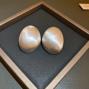 Macro detail of silver geometric oval earrings with brushed matte finish in a gift box