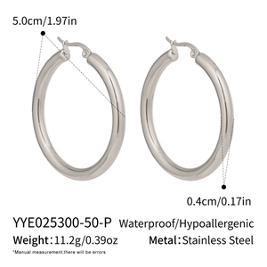 Detail view of 50mm silver stainless steel hoop earrings with size and weight specs