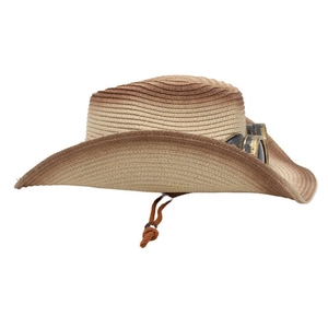 Détail d'un chapeau de cowboy en paille dégradée avec lunettes steampunk et cordon réglable
