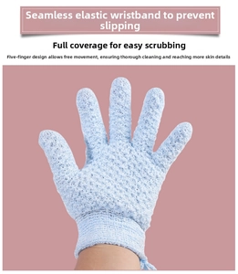 Close-up of a blue exfoliating shower glove showing the elastic wrist and mesh texture