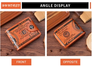 Detailed front and back view of brown leather wallet with vintage dollar pattern