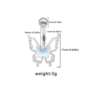 Minimalist butterfly belly button ring in silver with iridescent acrylic and rhinestones