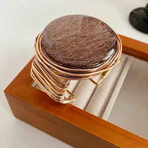 Bohemian retro resin bangle with round brown rutilated quartz and gold wire wrapping