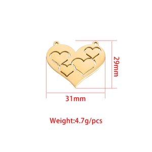 Golden stainless steel hollow heart pendant necklace charm with dimensions 31mm x 29mm