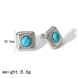 Boucles d'oreilles carrées vintage en acier avec texture martelée et turquoise naturelle