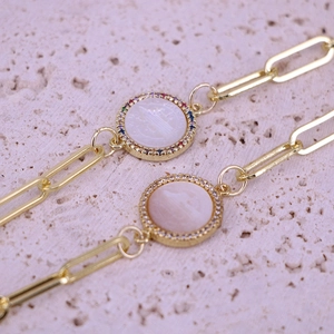 Golden chain bracelet with Virgin Mary shell pendant and colorful crystals